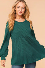 Hunter Green Plus Two Tone Rib Babydoll Bubble Sleeve Knit Top