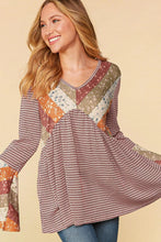 Burgundy/Olive Plus Ethnic Stripe Patchwork Bell Sleeve Knit Top