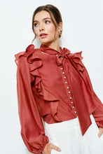 Spice Soft Wool Blouse With Bow Tie & Pearl Buttons