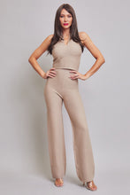 Beige Knit Sleeveless Collar Top And Pants Set