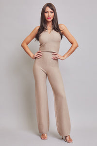 Beige Knit Sleeveless Collar Top And Pants Set