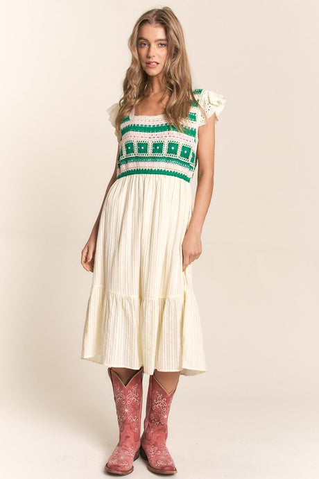 Cream Crochet Detailed Top Midi Dress