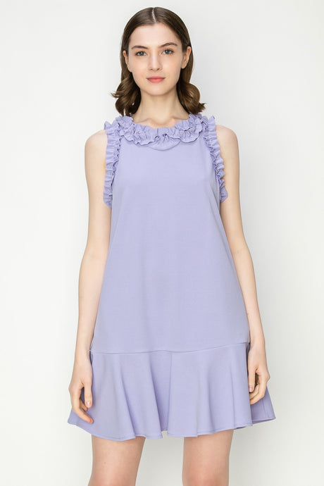 Lavender Ruffled Sleeve Flounce Hem Crewneck Mini Dress