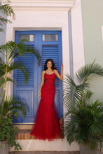 Red Tulle Embroidered Evening Gown