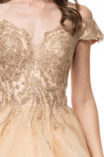 Gold Sweetheart Off-Shoulder Embroidered Tulle Evening Dress