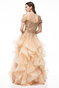 Gold Sweetheart Off-Shoulder Embroidered Tulle Evening Dress