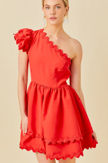 Red One Shoulder Scallop Edge Trim Solid Dress