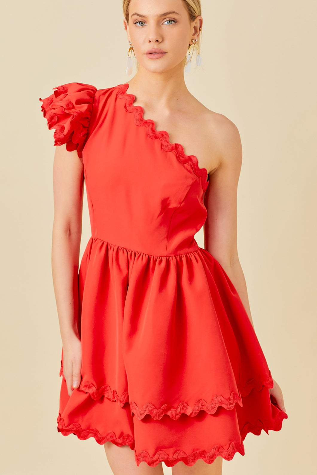 Red One Shoulder Scallop Edge Trim Solid Dress