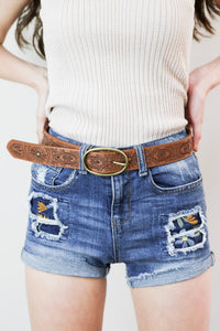 Camel Floral Stitch Oval Buckle Belt