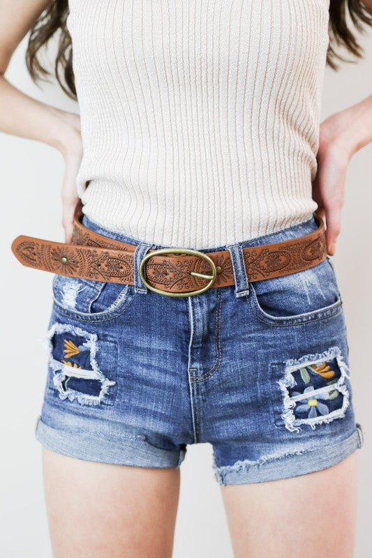 Camel Floral Stitch Oval Buckle Belt