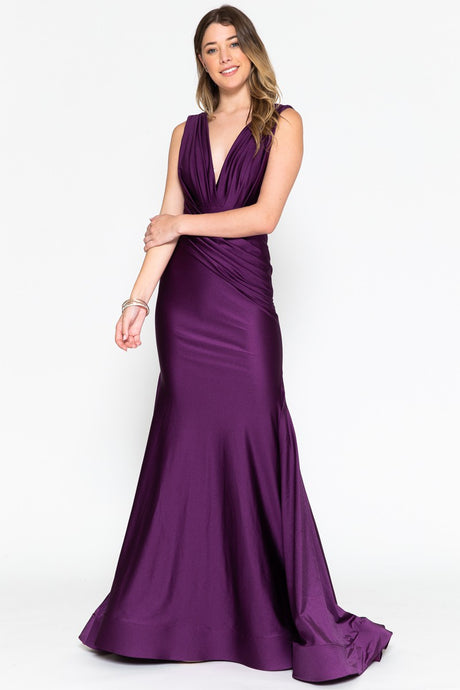 Eggplant Stretch Satin Extra Long Floor Length Dress