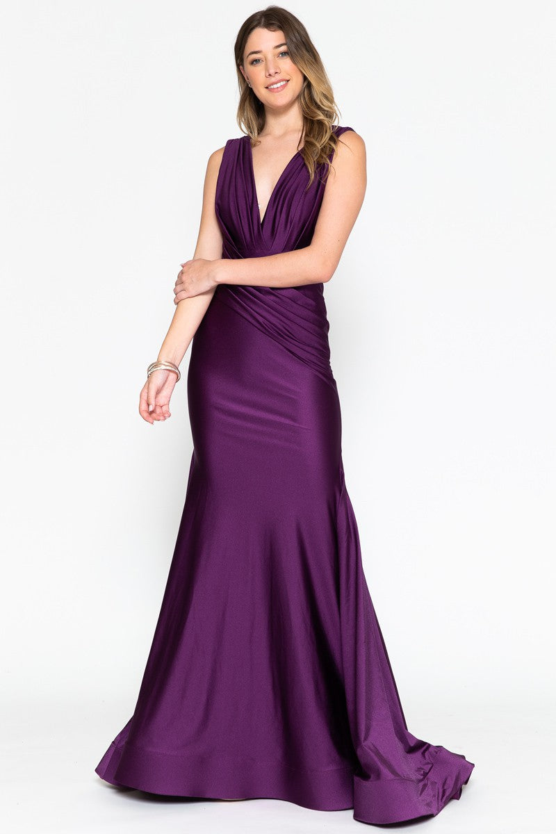 Eggplant Stretch Satin Extra Long Floor Length Dress
