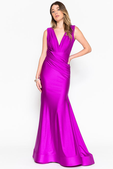 Magenta Stretch Satin Extra Long Floor Length Dress