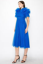 Royal Blue Tulle Pleated Floral Short Sleeve Midi Dress