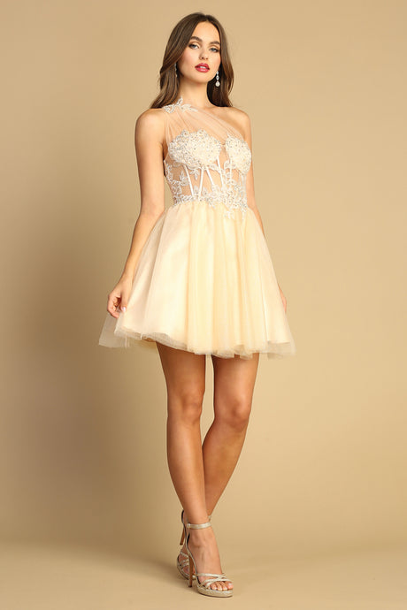 Champagne Short A-Line Dress With Floral Applique And Bow