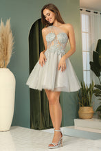 Silver Short A-Line Dress With Floral Applique And Bow