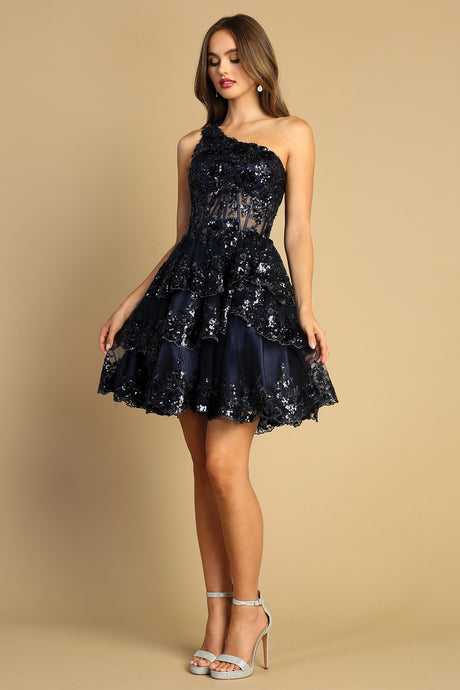 Navy Short One-Shoulder Dress With Sequin Appliqué