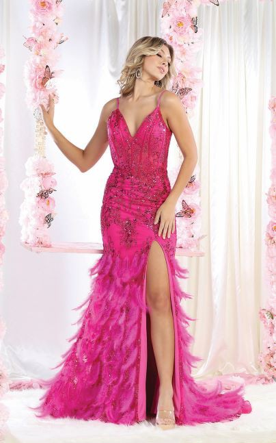 Fuchsia Deep V Neck Sleeveless Mermaid Dress
