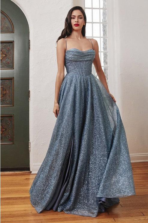 Smoky Blue Lace Up Corset Glitter Ball Gown