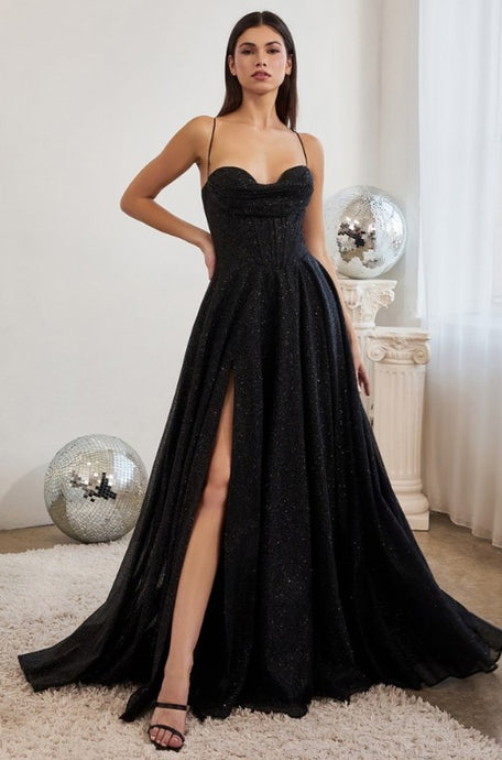 Black Lace Up Corset Glitter Ball Gown