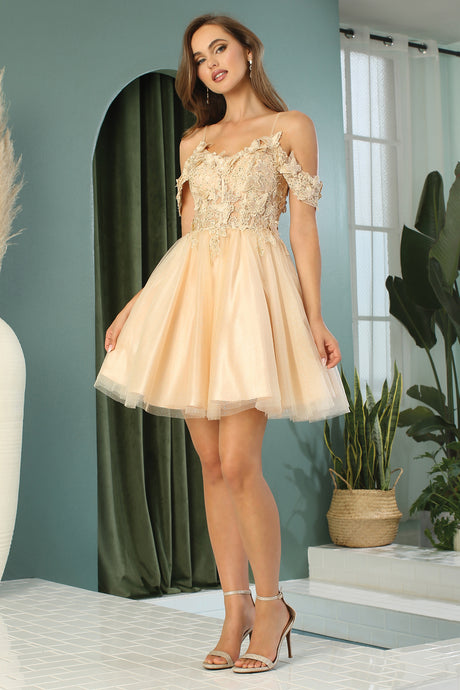 Champagne Short Dress With Cold Shoulder Design And Butterfly Applique