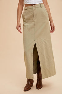 Dusty Olive Cotton Linen Split Seam Maxi Skirt