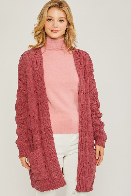 Cherry Chenille Cable Knit Oversized Open Front Cardigan