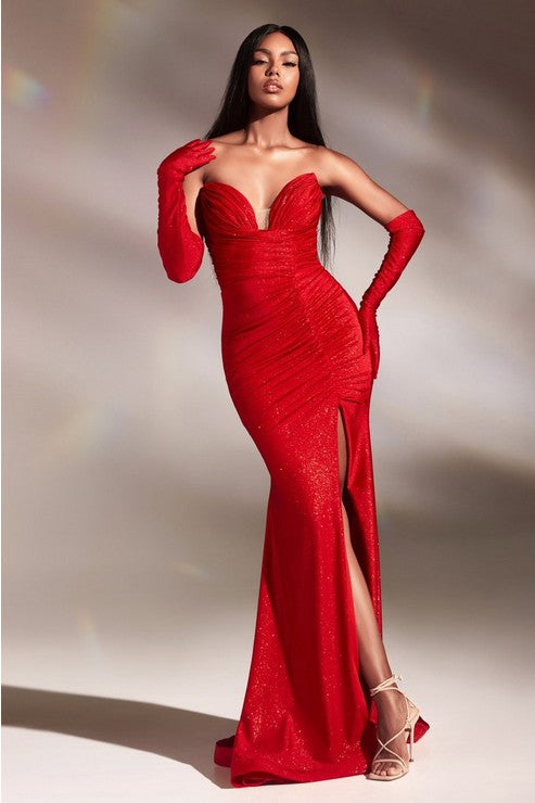 Red Strapless Glitter Stretch Gown With Gloves