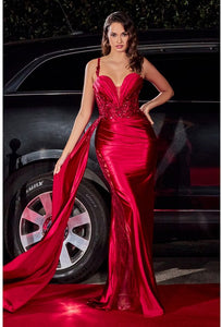 Burgundy Soft Satin Fitted Gown With Sash