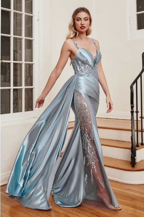 Dusty Blue Soft Satin Fitted Gown With Sash