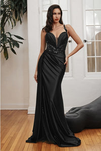 Black Soft Satin Fitted Gown With Sash