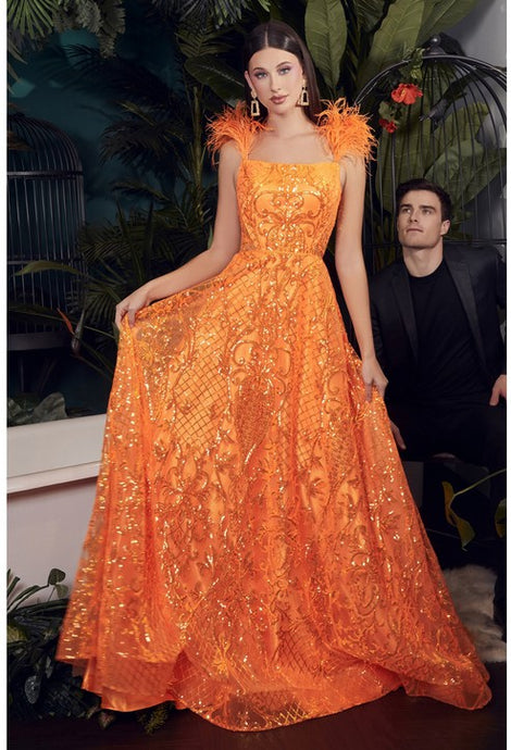 Neon Orange Ball Gown With Feathers