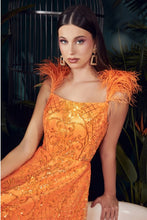 Neon Orange Ball Gown With Feathers