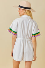 White Mardi Gras Sequin Trim Solid Romper