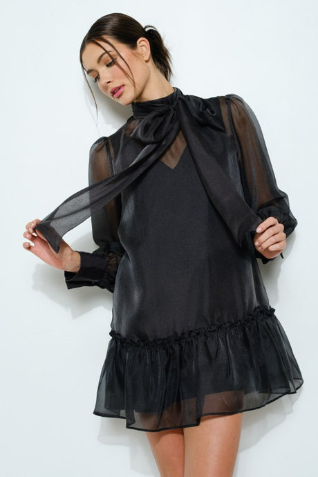 Black Pastel Chiffon Sheer Bow-tie Mini Dress
