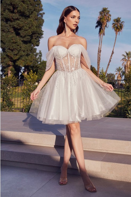 Off White Off The Shoulder Embellished Aline Short Dress