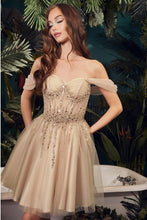 Champagne Off The Shoulder Embellished Aline Short Dress