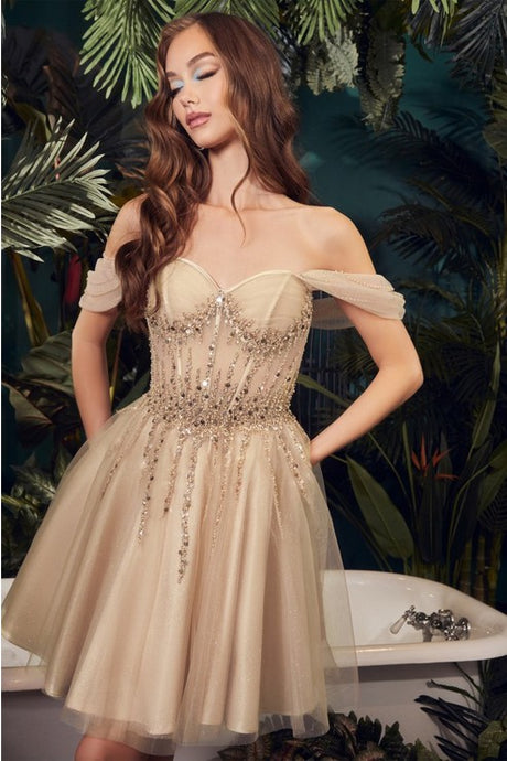 Champagne Off The Shoulder Embellished Aline Short Dress