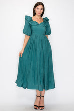 Teal Green Short Puff Sleeve Pleated Ruffle Trim Midi Dress