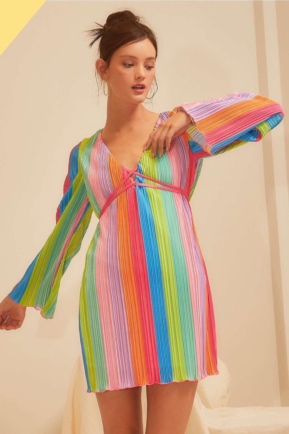 Rainbow Multi Pleat Front Cross Tie Dress
