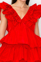 Red Ruffled Tiered Taffeta Mini Dress