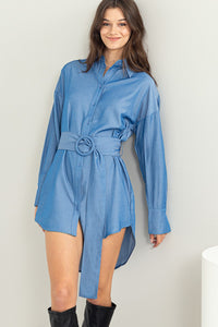 Denim Easy Win Button-Up Belted Shirt Dress