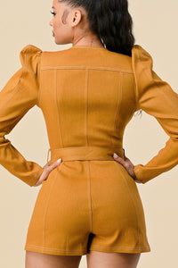 Mustard Belted Puff Sleeve Romper