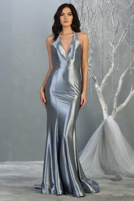 Dusty Blue Satin Metallic V-Neck Long Dress