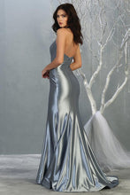 Dusty Blue Satin Metallic V-Neck Long Dress