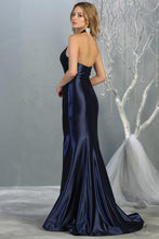 Navy Satin Metallic V-Neck Long Dress