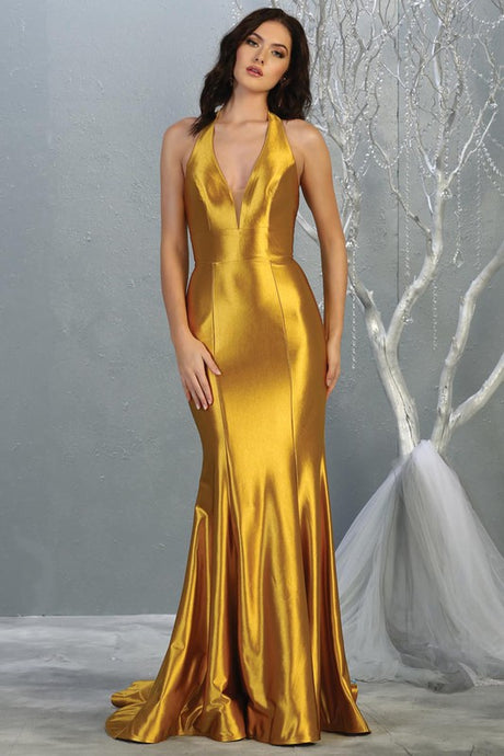 Metallic Gold Satin Metallic V-Neck Long Dress