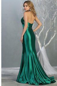 Emerald Green Satin Metallic V-Neck Long Dress