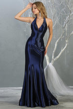 Navy Satin Metallic V-Neck Long Dress