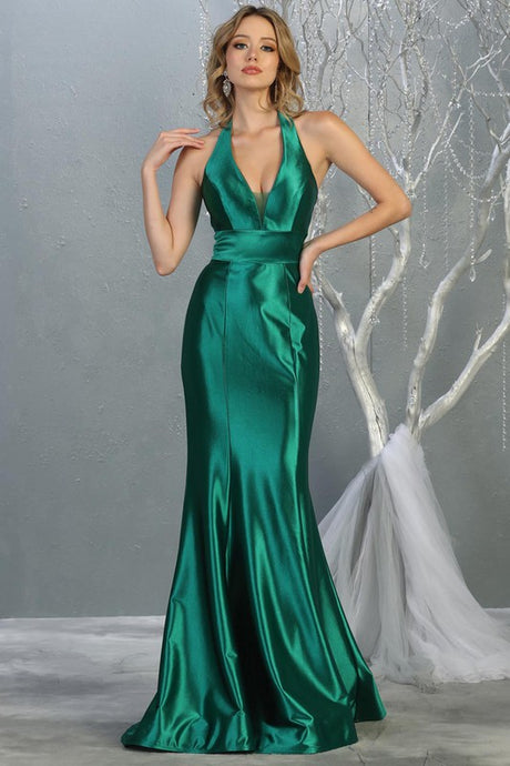 Emerald Green Satin Metallic V-Neck Long Dress